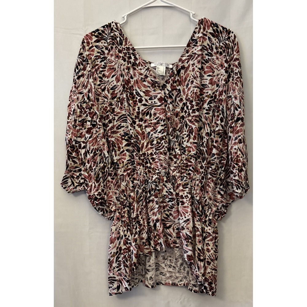 Venus Pink Floral Print Blouse XL Batwing Faux Wrap Peplum Ruched SleevesViscose